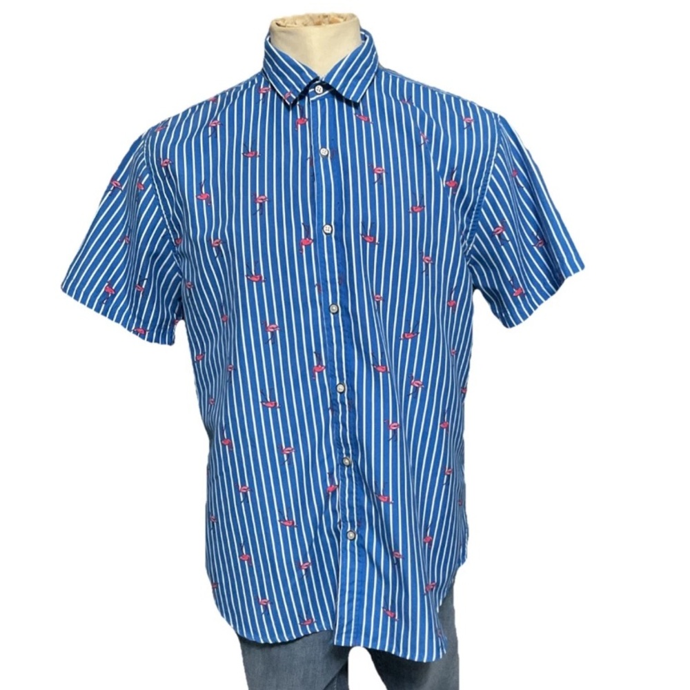 Randy River Tropical Flamingo Blue Striped Men's Shirt Short Sleeve Size XL